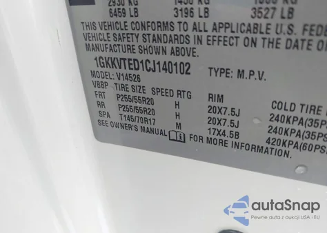 2012 GMC Acadia Denali z USA, uszkodzony, nr VIN 1GKKVTED1CJ140102